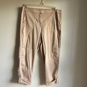 Chico's Tan Capris Roll Tab Elastic Summer Cargo Coastal Grandma Pants Sz 14
